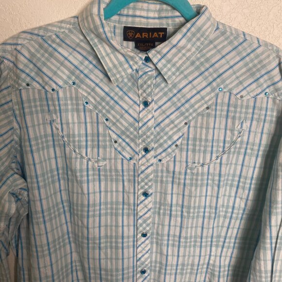 Ariat Western‎ Shirt Mens XXL Blue Plaid Rhinestone Snap Cowboy Rodeo - Picture 5 of 10